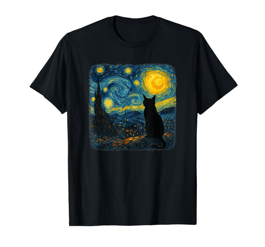 Funny Black Cat Starry Night Parody Painting Cat Lovers T-Shirt