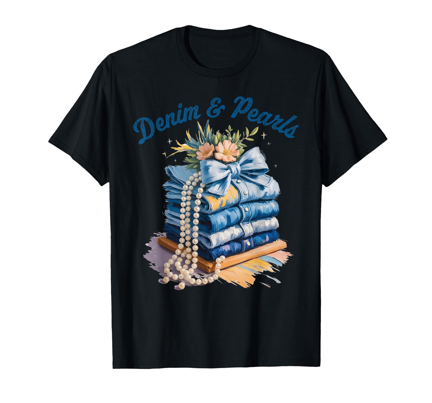 Pearls & Denim 2025 Oilpaint Style Outfit for Stylish Women T-Shirt