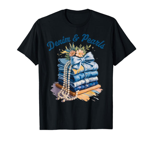 Pearls & Denim 2025 Oilpaint Style Outfit for Stylish Women T-Shirt
