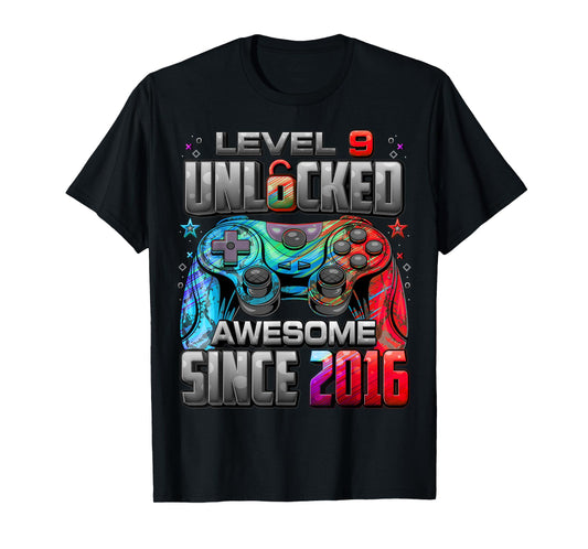 Level 9 Unlocked Awesome Since 2016 9th Birthday Gaming T-Shirt