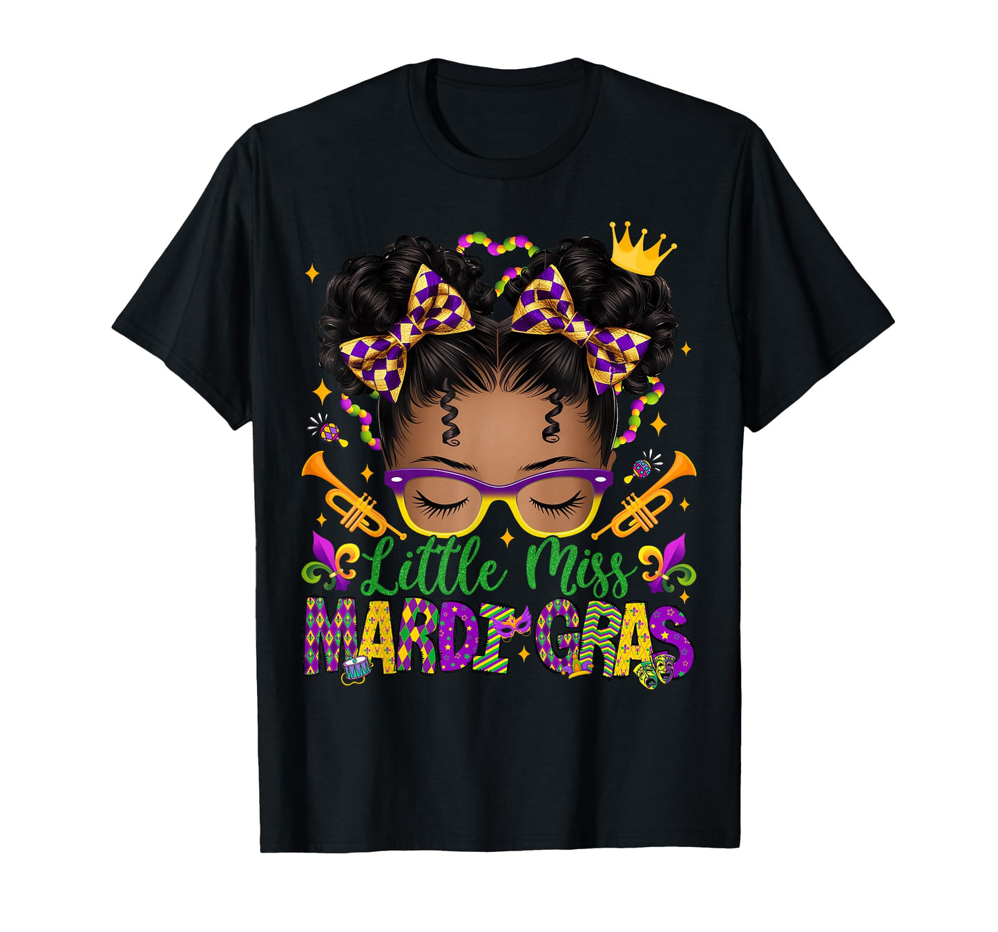 Little Miss Mardi Gras Afro Messy Bun Girls Kids New Orleans T-Shirt