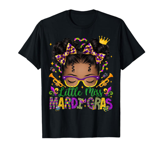 Little Miss Mardi Gras Afro Messy Bun Girls Kids New Orleans T-Shirt