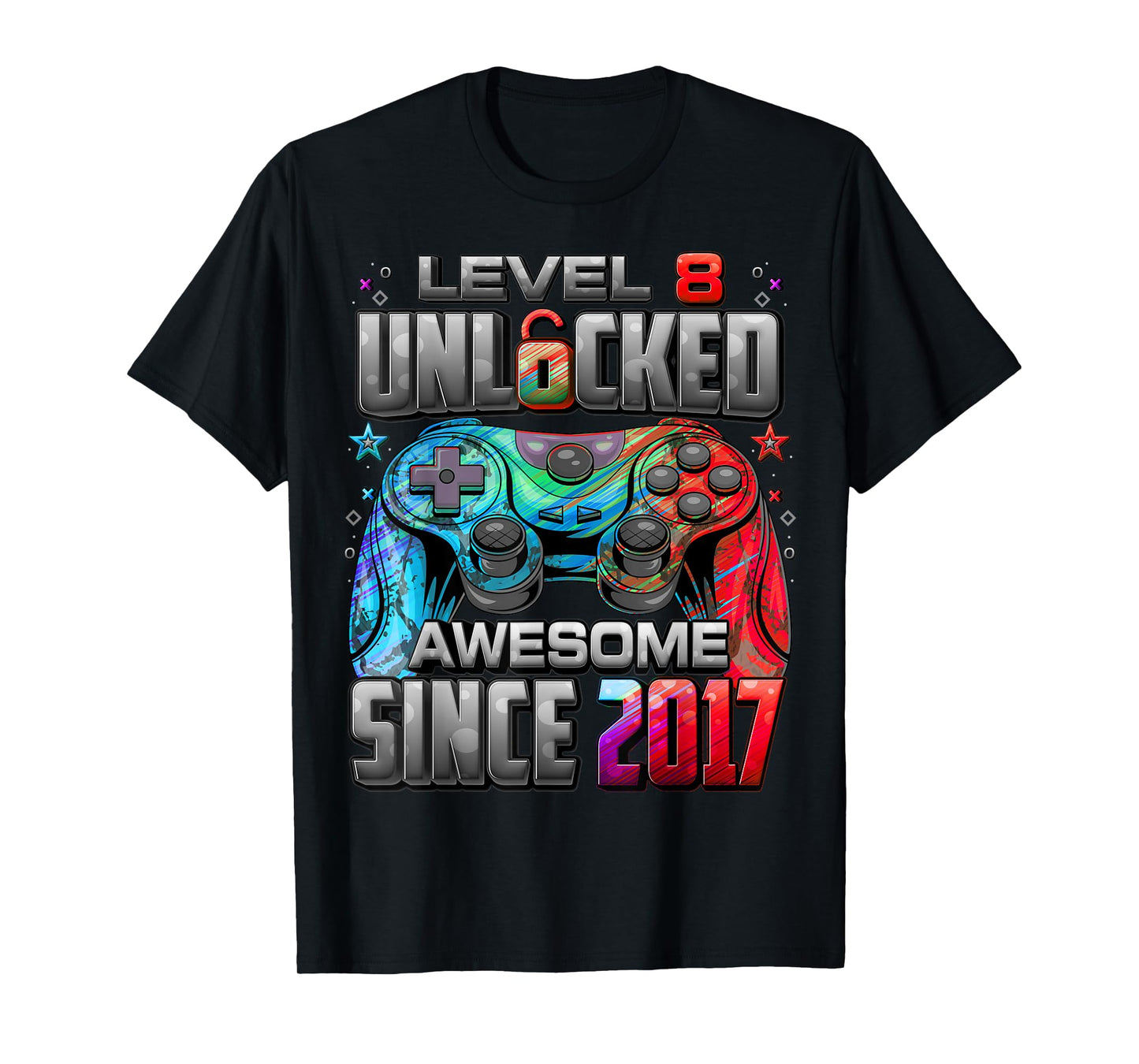 Level 8 Unlocked Awesome Since 2017 8th Birthday Gaming T-Shirt