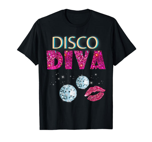 Disco Diva Ladies Disco Gold Ball Silver Red Lips T-Shirt
