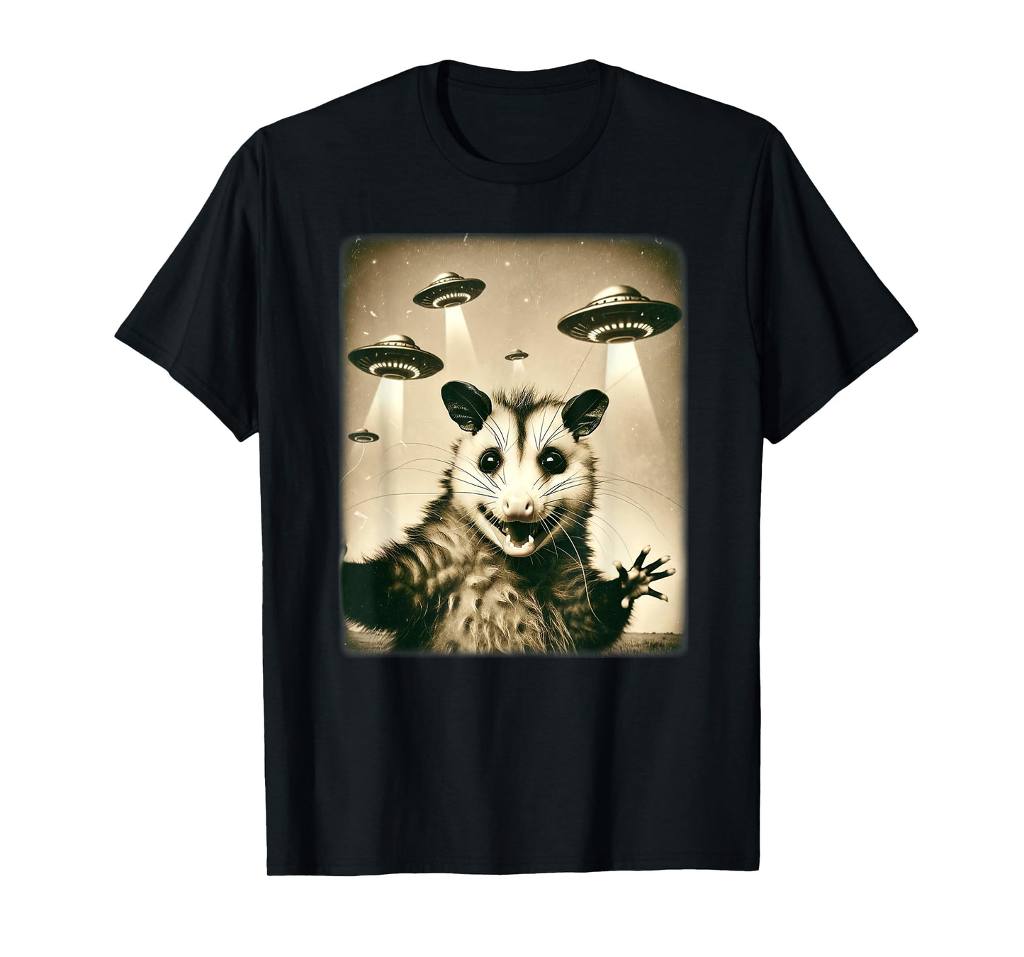 Funny Opossum Selfie With UFO Alien Humor Hilarious Possum T-Shirt