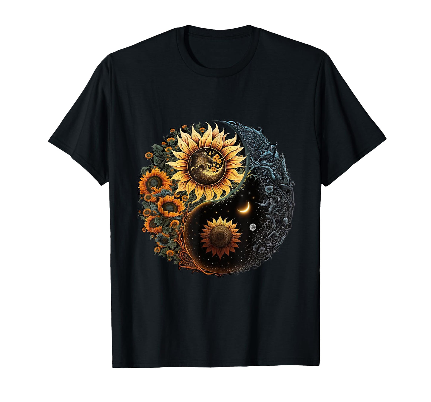 Yin And Yang Aesthetic Sunflower And Crescent Moon Art T-Shirt