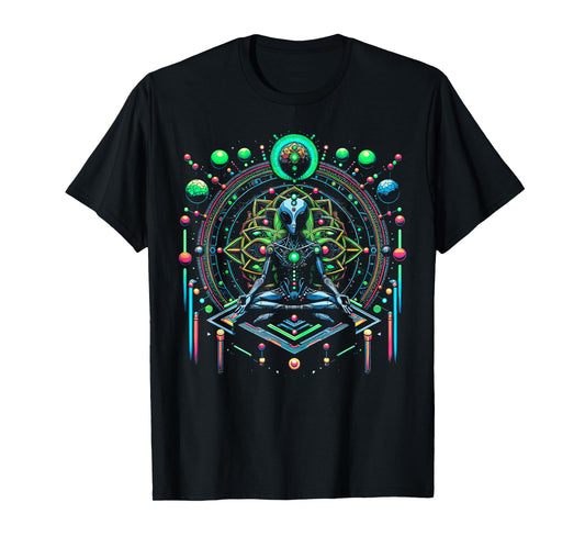 Meditation Alien with Geometric Pattern Art T-Shirt
