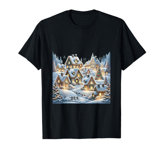 Winter Village Snow Covered Cottages Christmas Lights Scene T-Shirt
