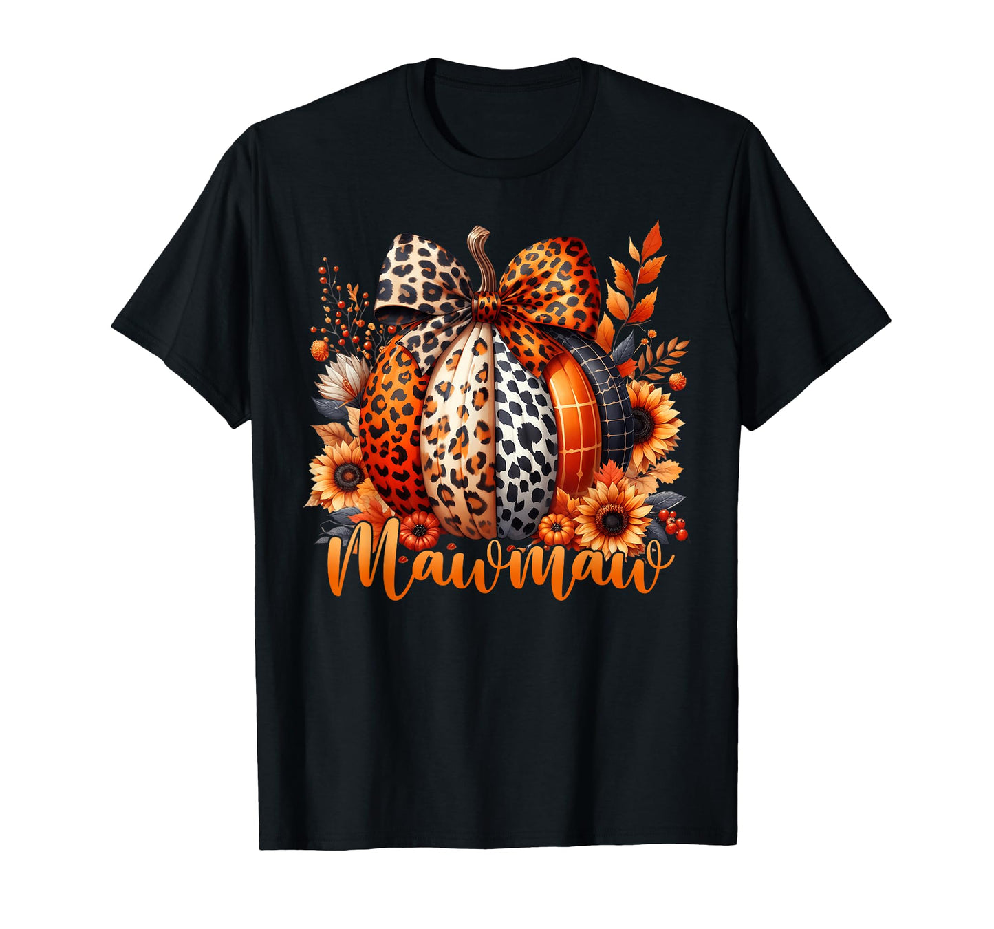 Mawmaw Thanksgiving Leopard Pumpkin Sunflower Coquette Bow T-Shirt