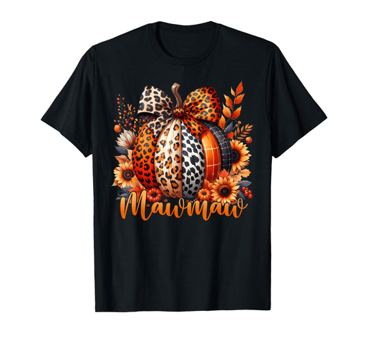 Mawmaw Thanksgiving Leopard Pumpkin Sunflower Coquette Bow T-Shirt