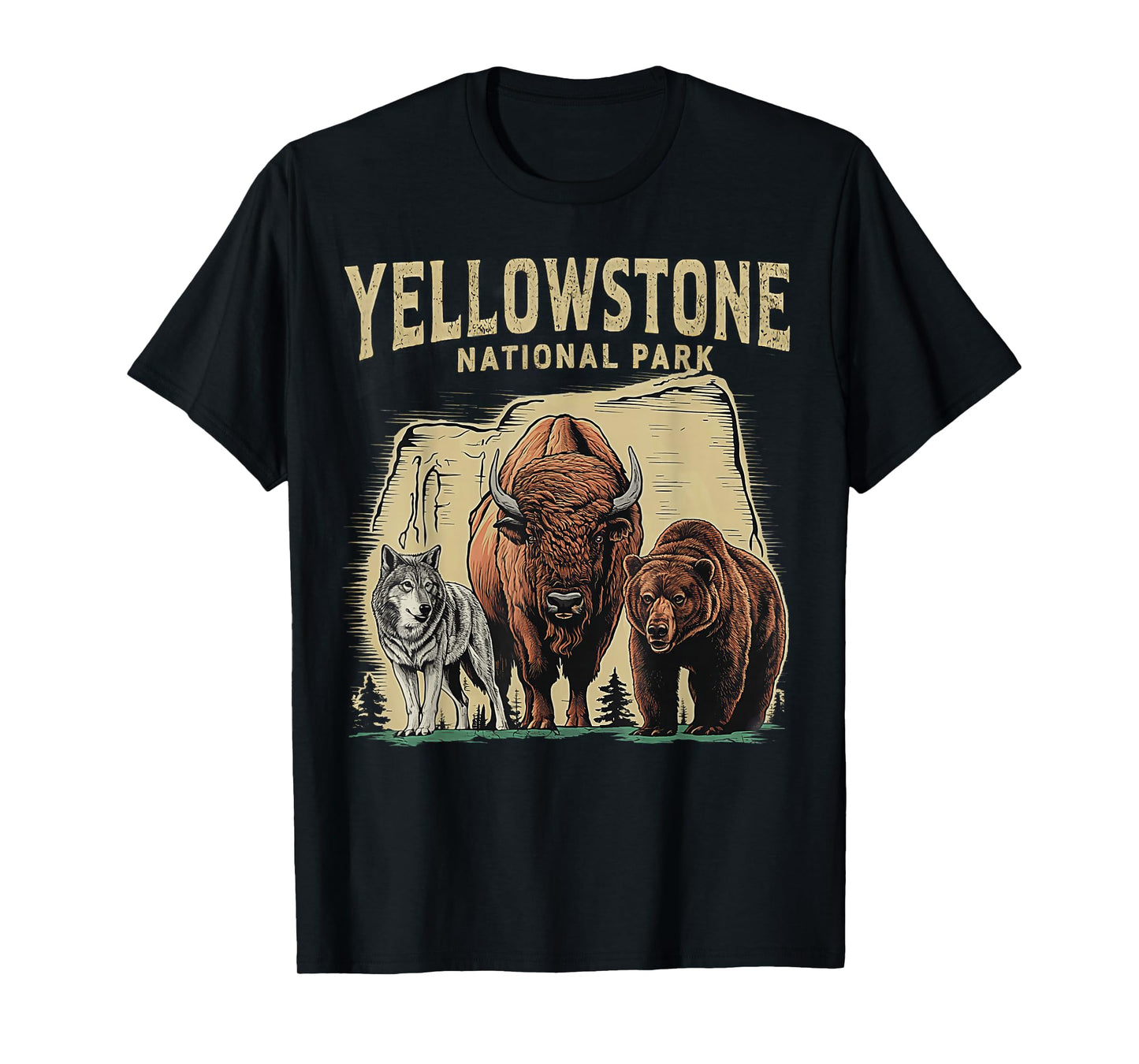 90s Yellowstone National Park Wolf And Bison Retro T-Shirt