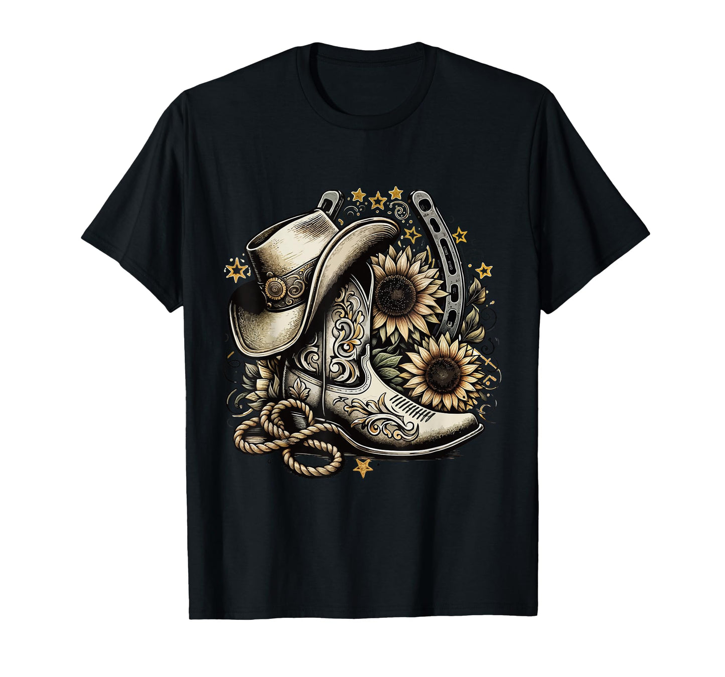 Western Cowboy Boot Horseshoe Sunflower Rope Cowgirl country T-Shirt, Small, Black
