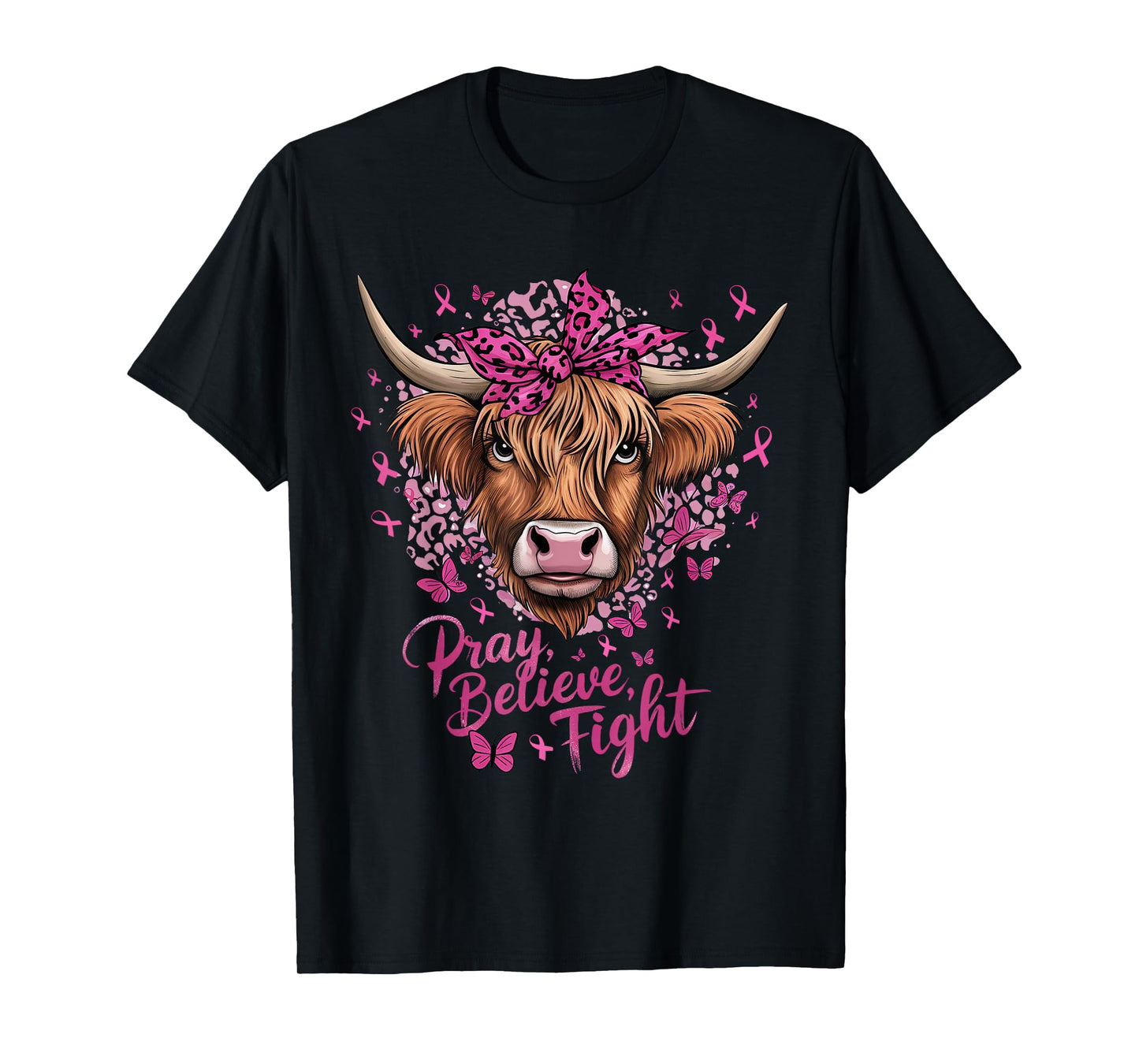Highland Cow Pink Ribbon Breast Cancer Awareness T-Shirt