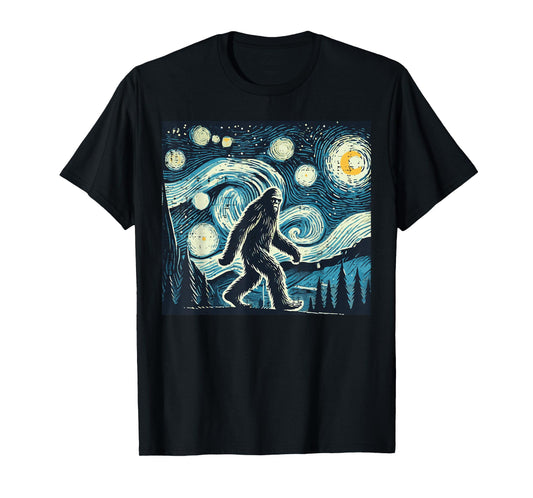 Bigfoot Starry Night Funny Sasquatch Art Paint Women Men Kid T-Shirt
