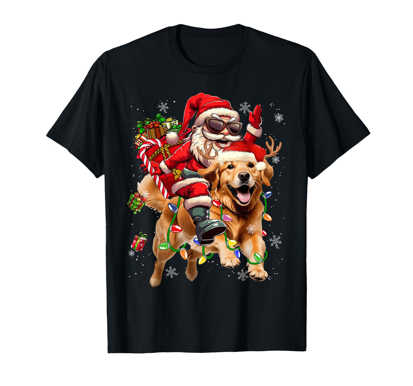 Merry Christmas 2025 Santa Riding Golden Retriever Dog Xmas T-Shirt