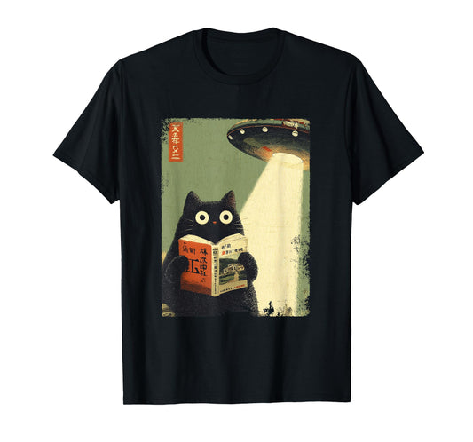 Vintage Japanese Cat Book Lovers UFO Alien Abduction Cat Dad T-Shirt
