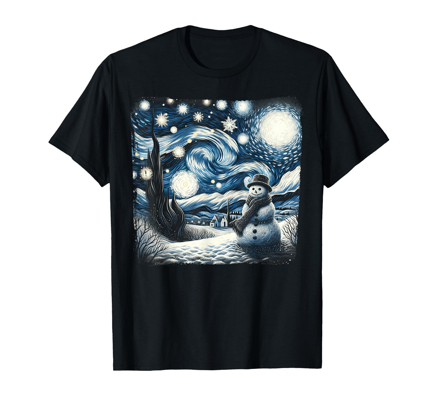 Van Gogh Starry Night Christmas Snowman Winter Snowy Night T-Shirt