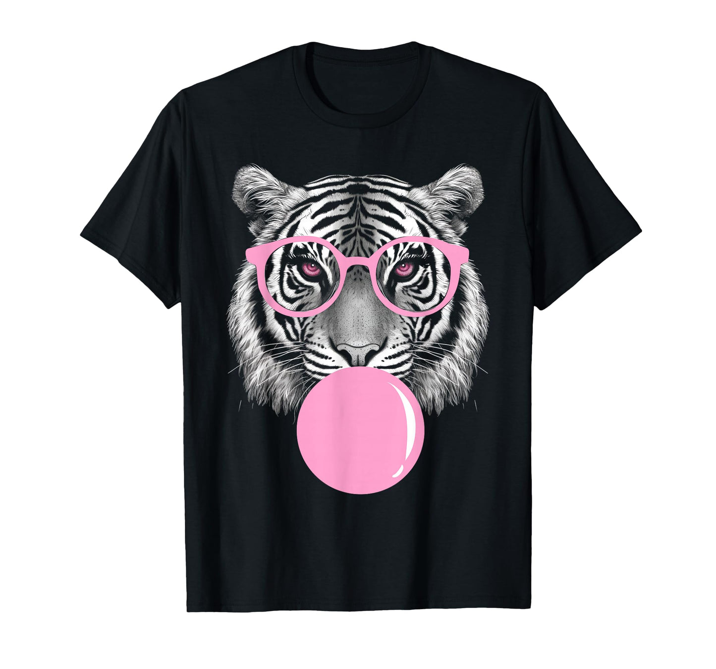 Funny Tiger Wearing Glasses and Blowing Pink Bubble Gum T-Shirt