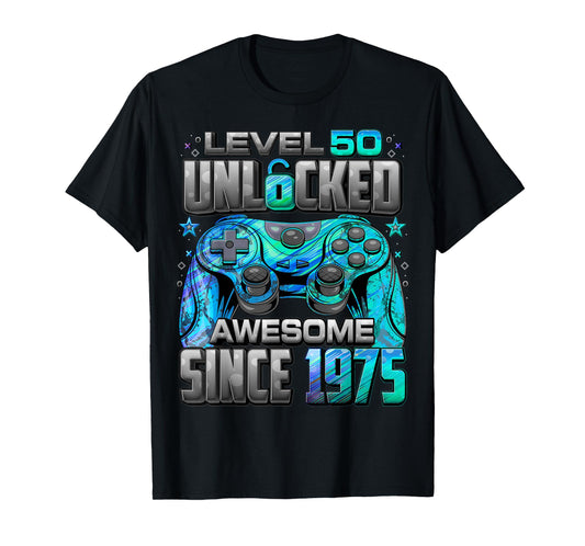 Level 50 Unlocked Awesome Since 1975 50th Birthday Gaming T-Shirt