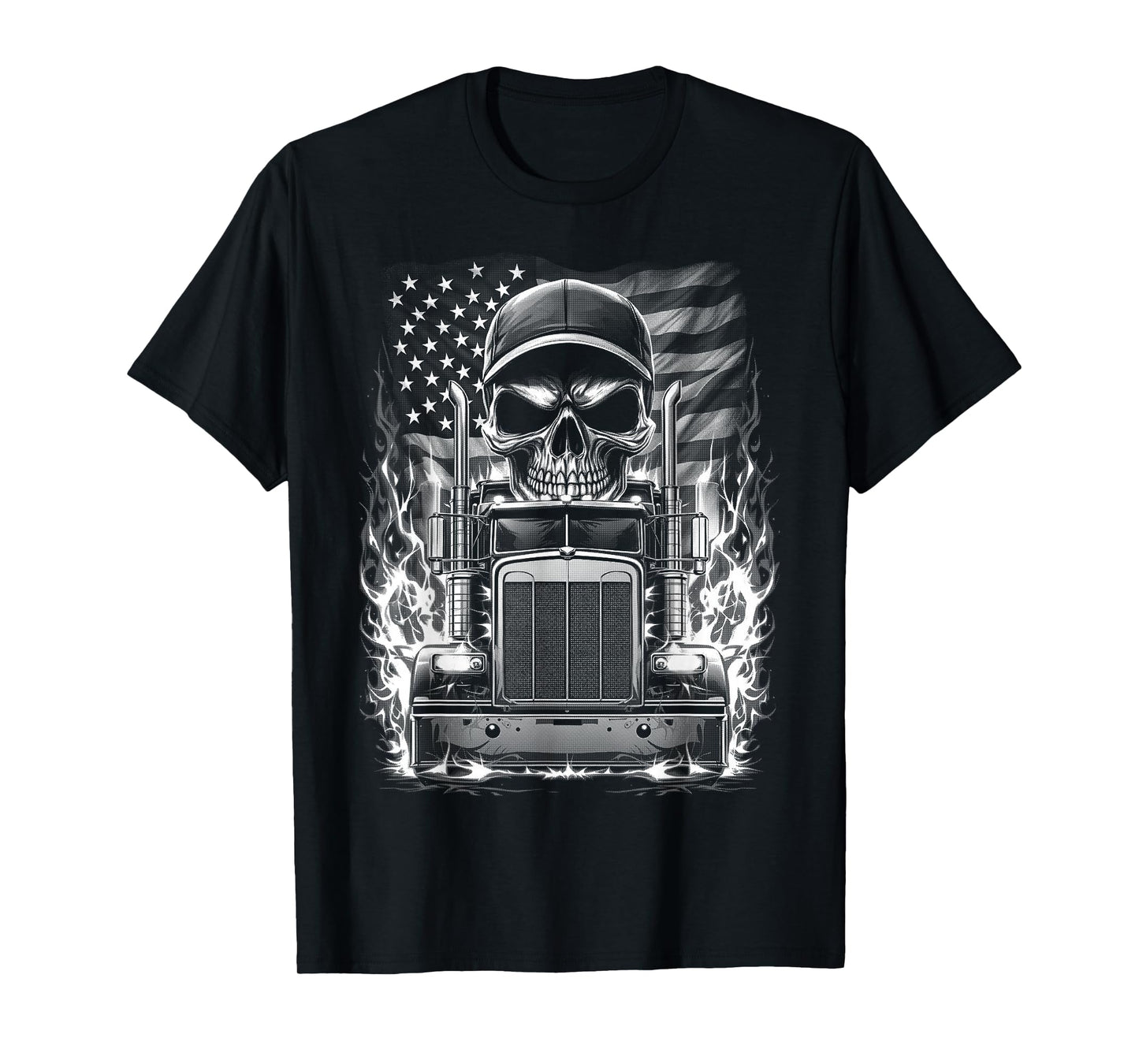 Trucker Patriotic American Flag Semi Truck Driver Skull T-Shirt