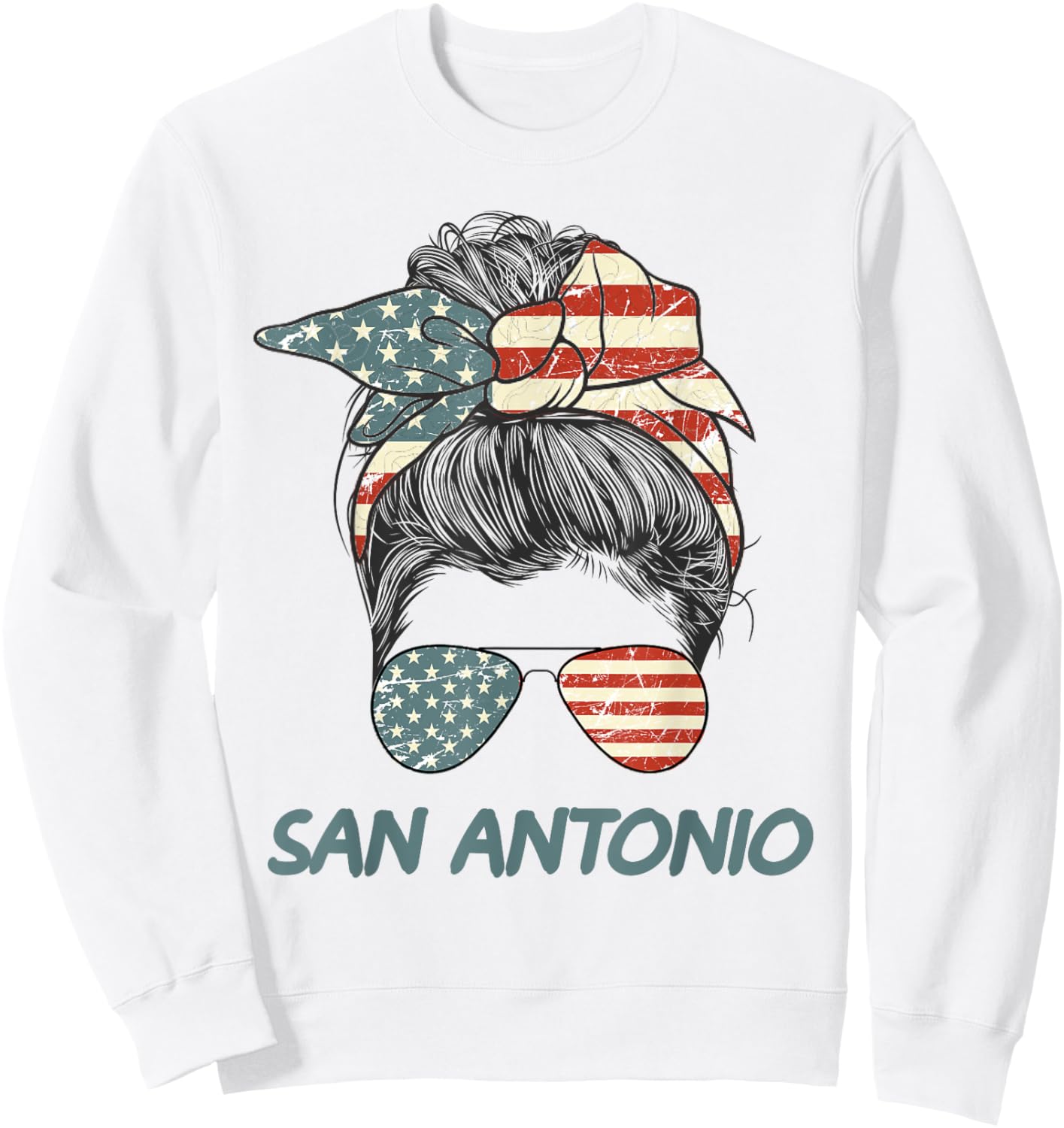 San Antonio Girl Messy bun, Texas Pride Patriotic USA flag Sweatshirt - Sweatshirt | White