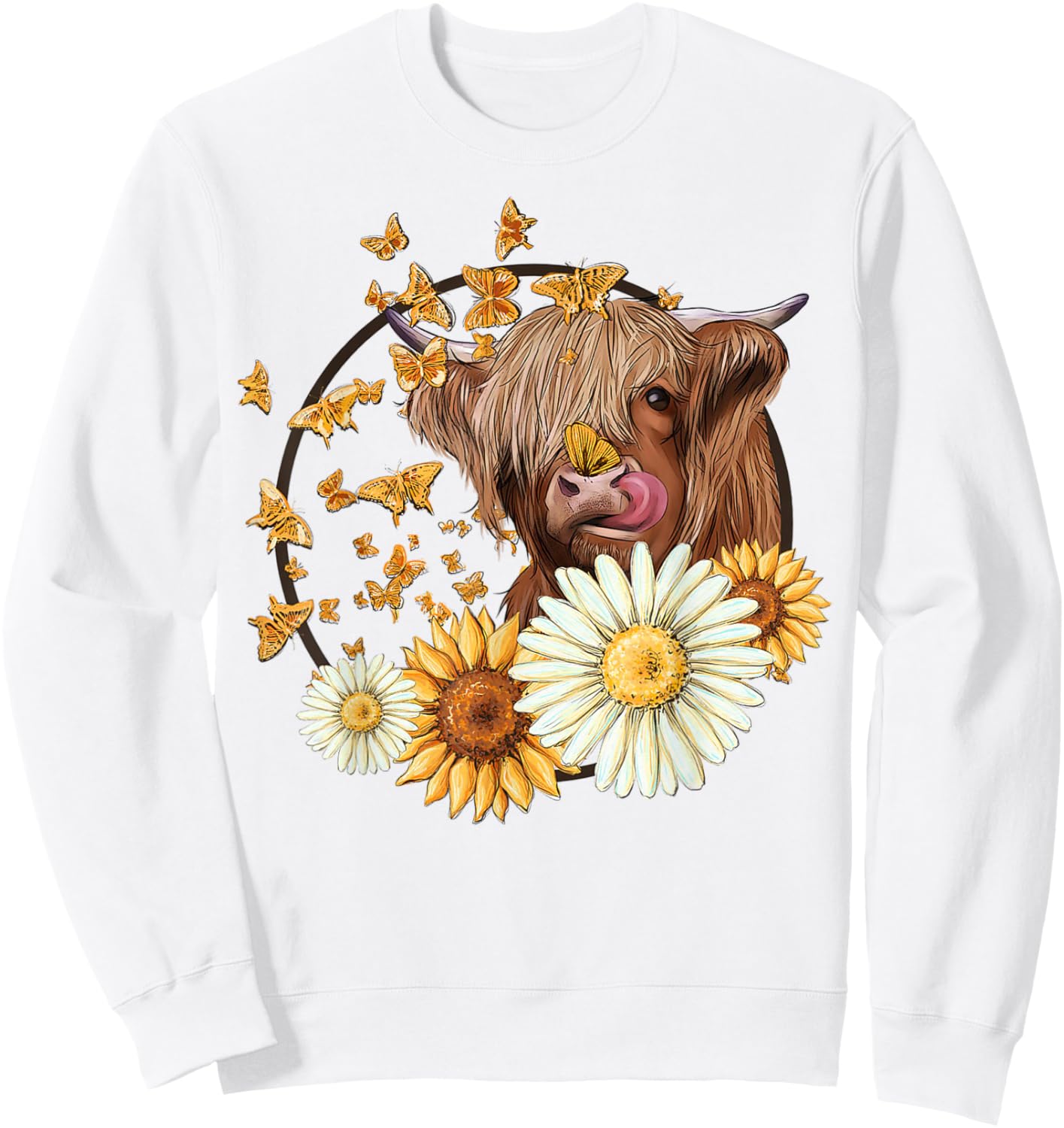 Highland Cow With Sunflower Daisies Butterflies Farm Western Sweatshirt - Sweatshirt | White