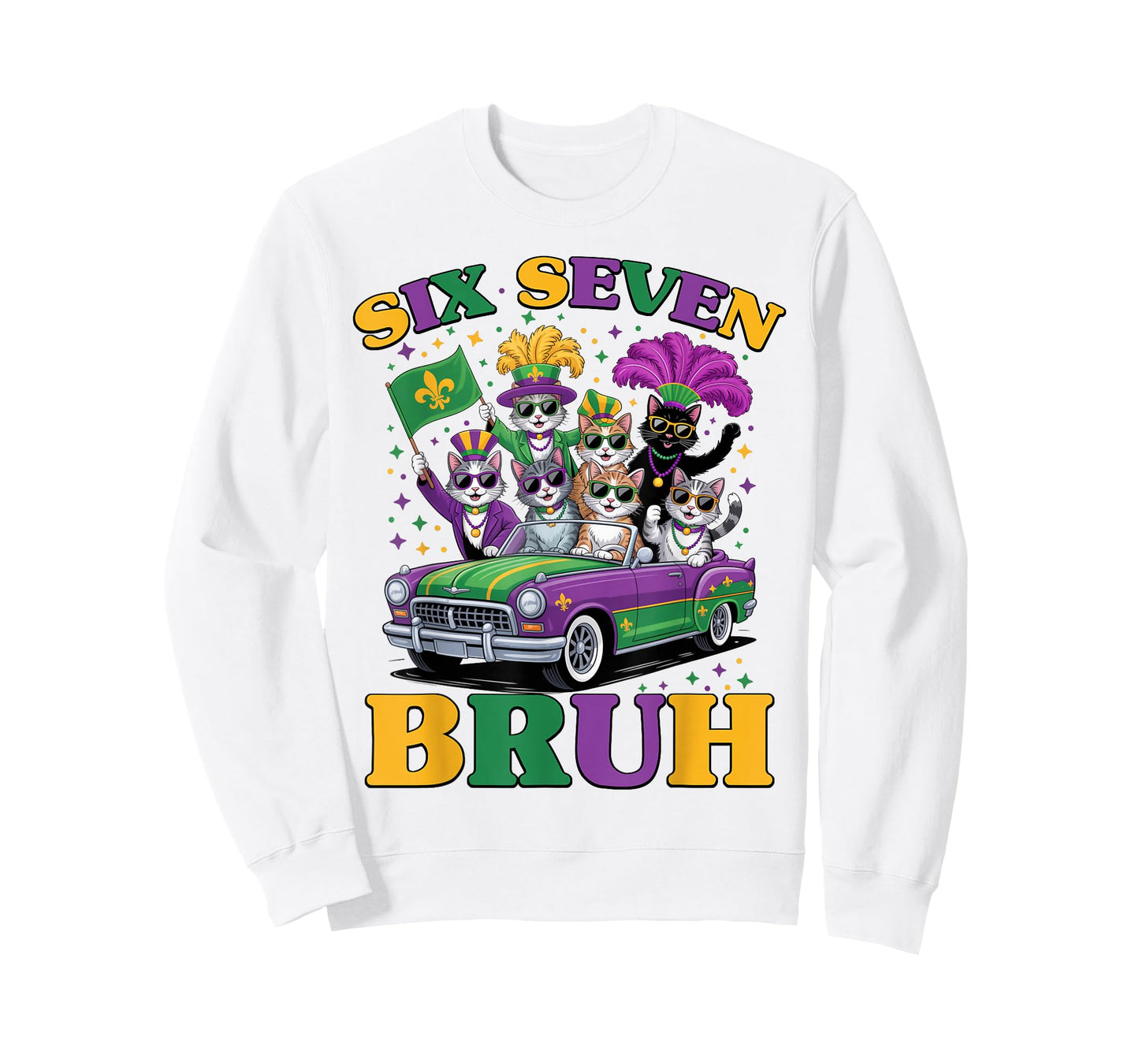 Mardi Gras Six Seven Bruh Funny Cat 6 7 Meme Men Women T-Shirt