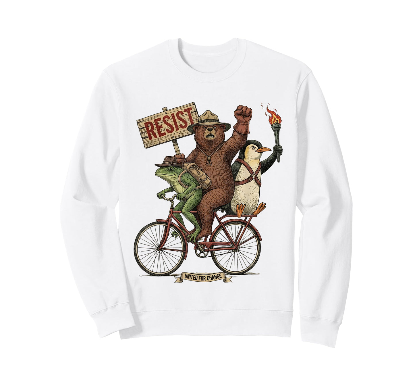Penguin Frog Bear On Bike Resist Protest Vintage Men Women T-Shirt