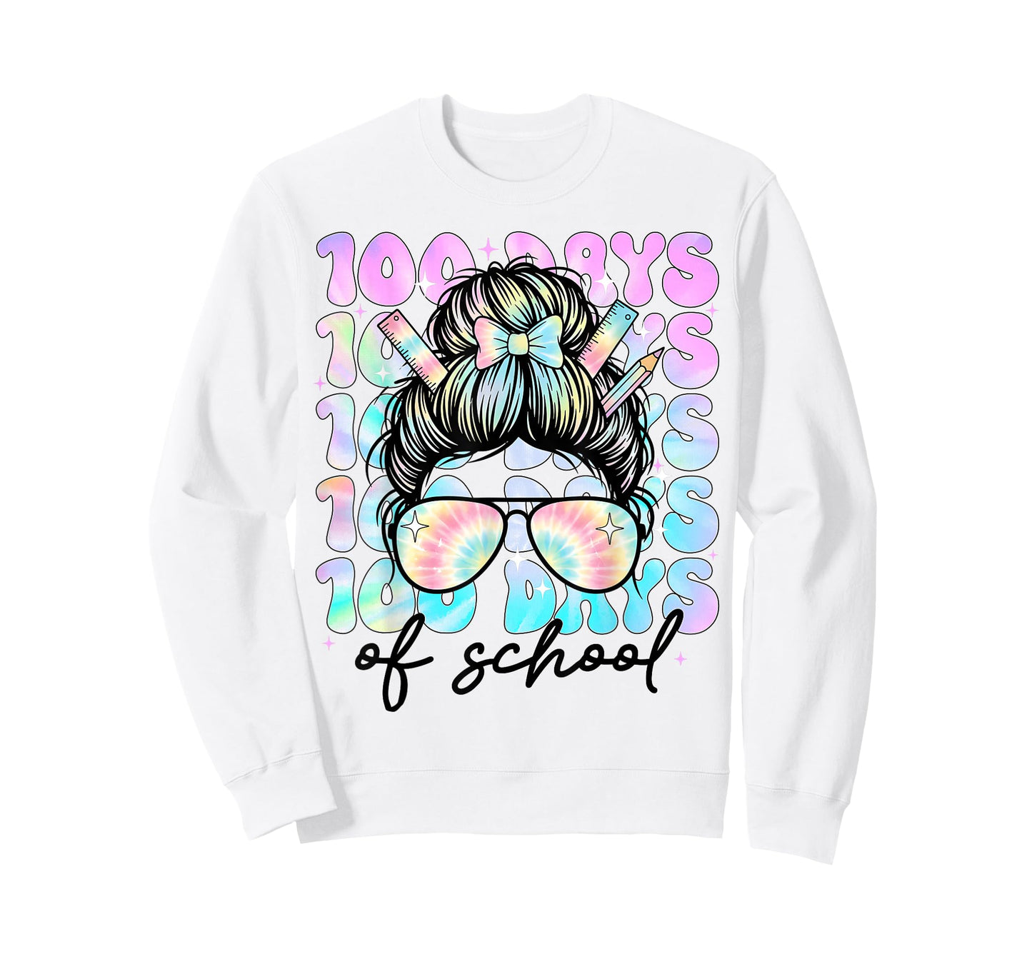 100 Days of School Girls Women 100th Day of School Messy Bun T-Shirt