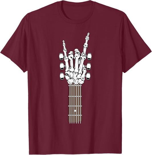 Skeleton Hand Playing Rock Guitar Guitarist Band Rockstar T-Shirt - T-Shirt | Maroon