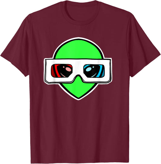 Green Alien with 3D Glasses T-Shirt - T-Shirt | Maroon