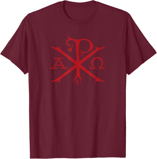 Chi Rho and Alpha Omega Early Christian Symbol T-Shirt - T-Shirt | Maroon