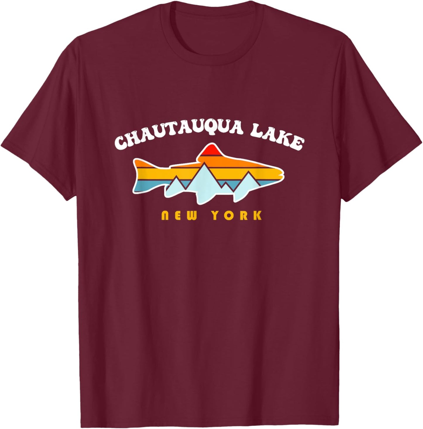 Chautauqua Lake New York NY Retro Sunset Fishing T-Shirt - T-Shirt | Maroon