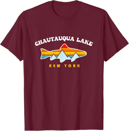 Chautauqua Lake New York NY Retro Sunset Fishing T-Shirt - T-Shirt | Maroon