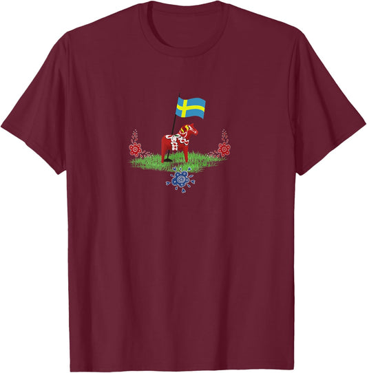 Sweden Flag Swedish Dala Horse T-Shirt - T-Shirt | Maroon