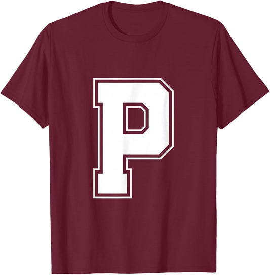Letter P Big Bold Capital Varsity Alphabet Monogram T-Shirt - T-Shirt | Maroon