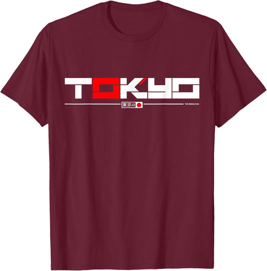 Japanese Streetwear Aesthetic Tokyo Gifts DAIMMER Tokyo - -Adults - Black - Small - Short Sleeve - Retro - Tokyo Skyline & Japanese Flag Graphics T-Shirt - T-Shirt | Maroon