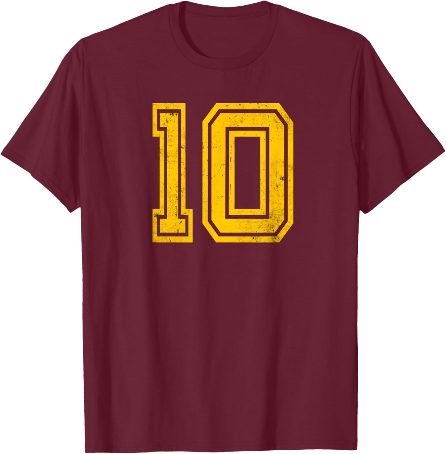 Number #10 Distressed Yellow Number T-Shirt - T-Shirt | Maroon