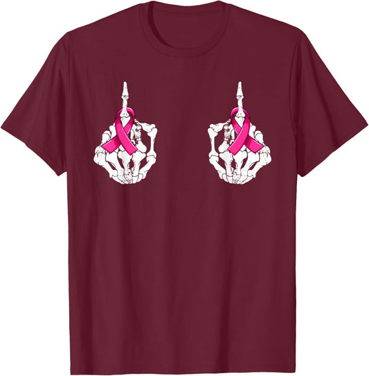 Fuck Cancer Skeleton Hand Pink Ribbon Breast Cancer T-Shirt - T-Shirt | Maroon