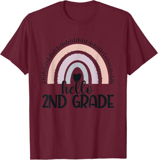 Second Grade Rainbow Teacher Hello 2nd Grade Rainbow T-Shirt - T-Shirt | Maroon