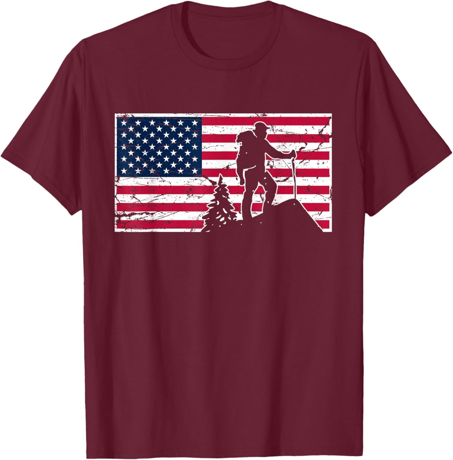 Hiking American Flag 2023 July 4th Design For Hikers T-Shirt - T-Shirt | Maroon