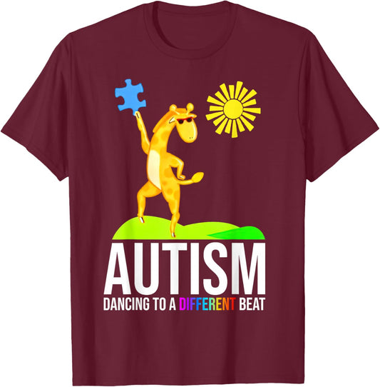 Autism Dancing To A Different Beat Funny Awareness Giraffe T-Shirt - T-Shirt | Maroon