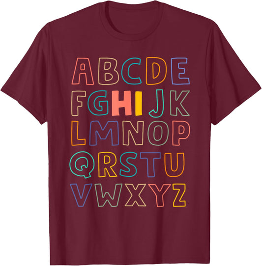 Funny Pre K Kindergarten Hi Alphabet Back To School Teachers Men Women Girls Kids T-Shirt - T-Shirt | Maroon