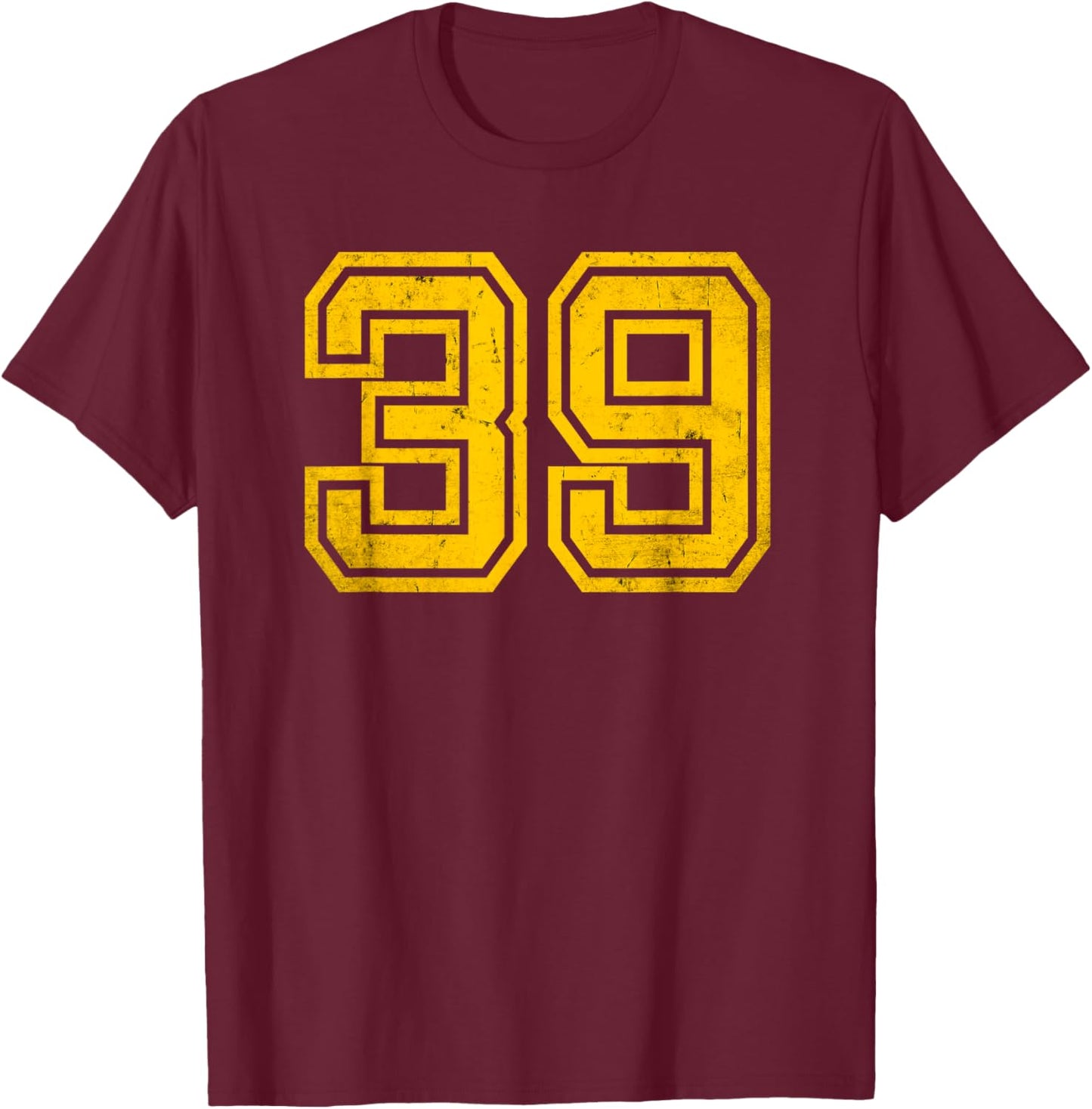 Number #39 Sports Jersey 39th Birthday Age Distress Yellow T-Shirt - T-Shirt | Maroon