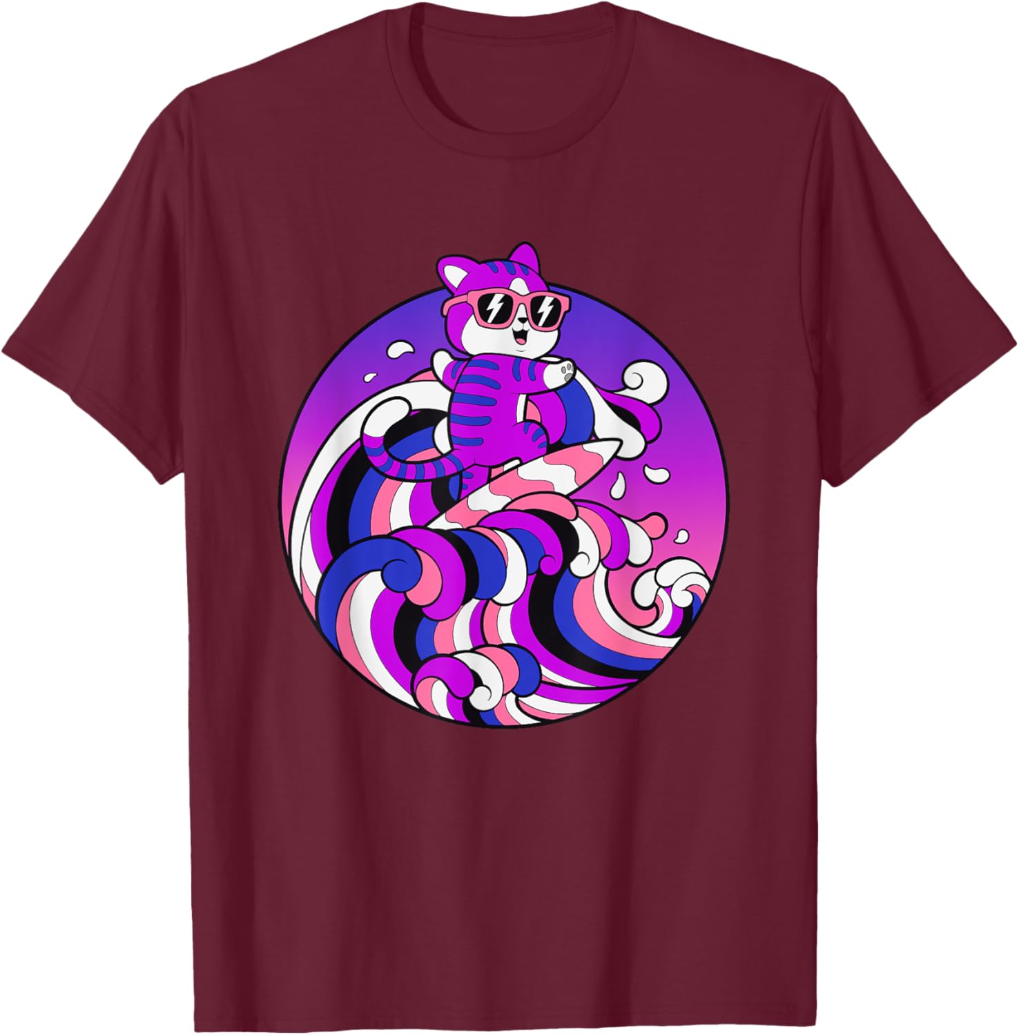 Funny Genderfluid Shirt Surfing Cat Gender Fluid Pride Flag Women T-Shirt - T-Shirt | Maroon