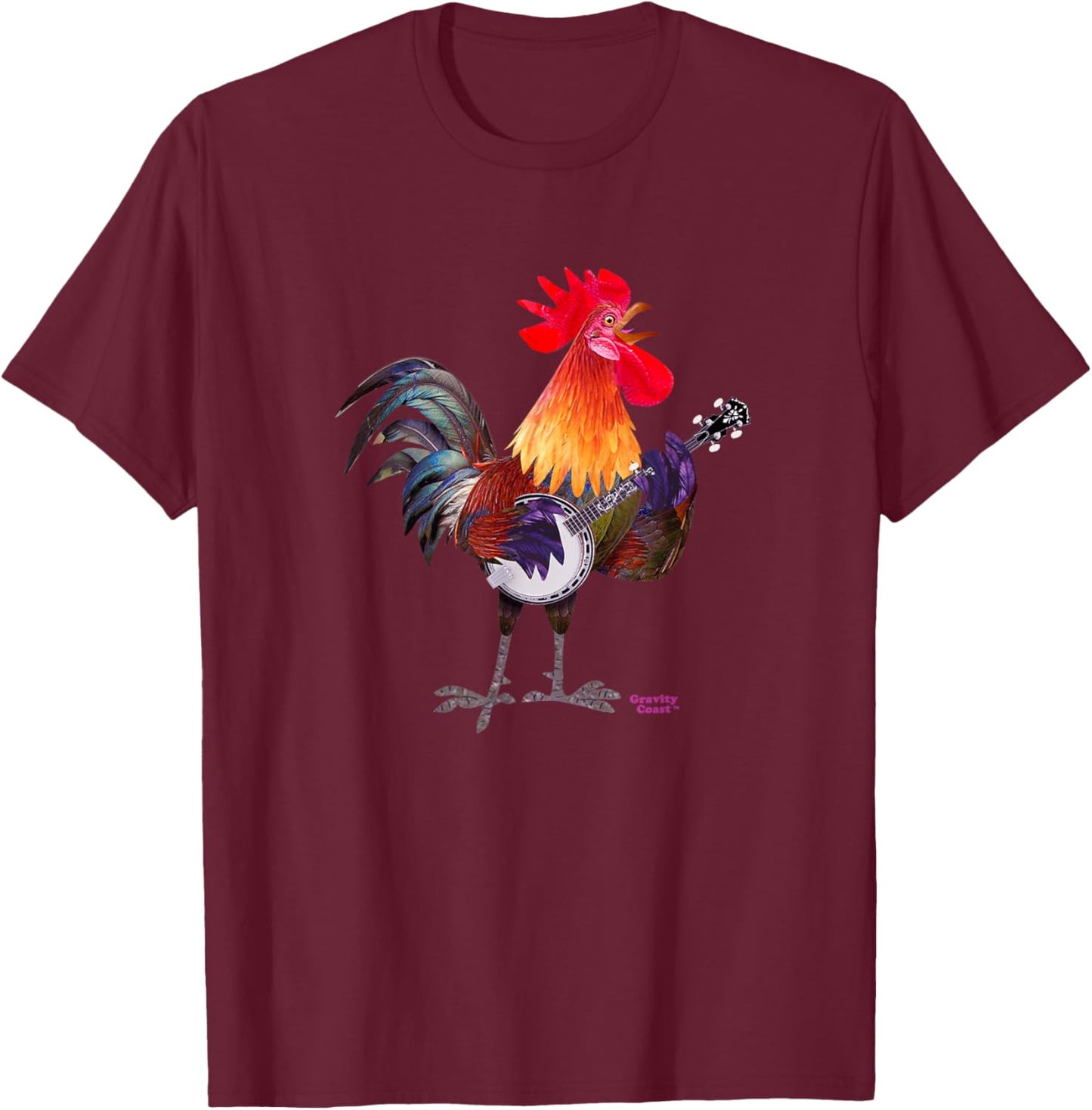 Rooster Playing Banjo on Fleck For Bluegrass Fans Musicians T-Shirt - T-Shirt | Maroon