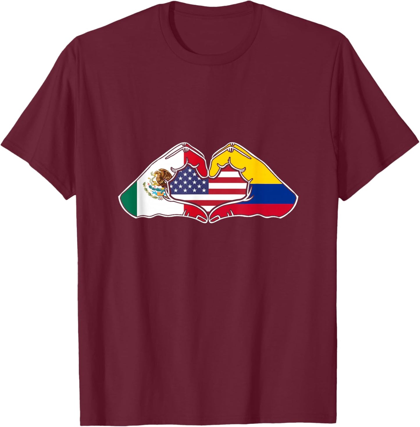 Heart Hands Mexico, Colombia and the USA. T-Shirt - T-Shirt | Maroon