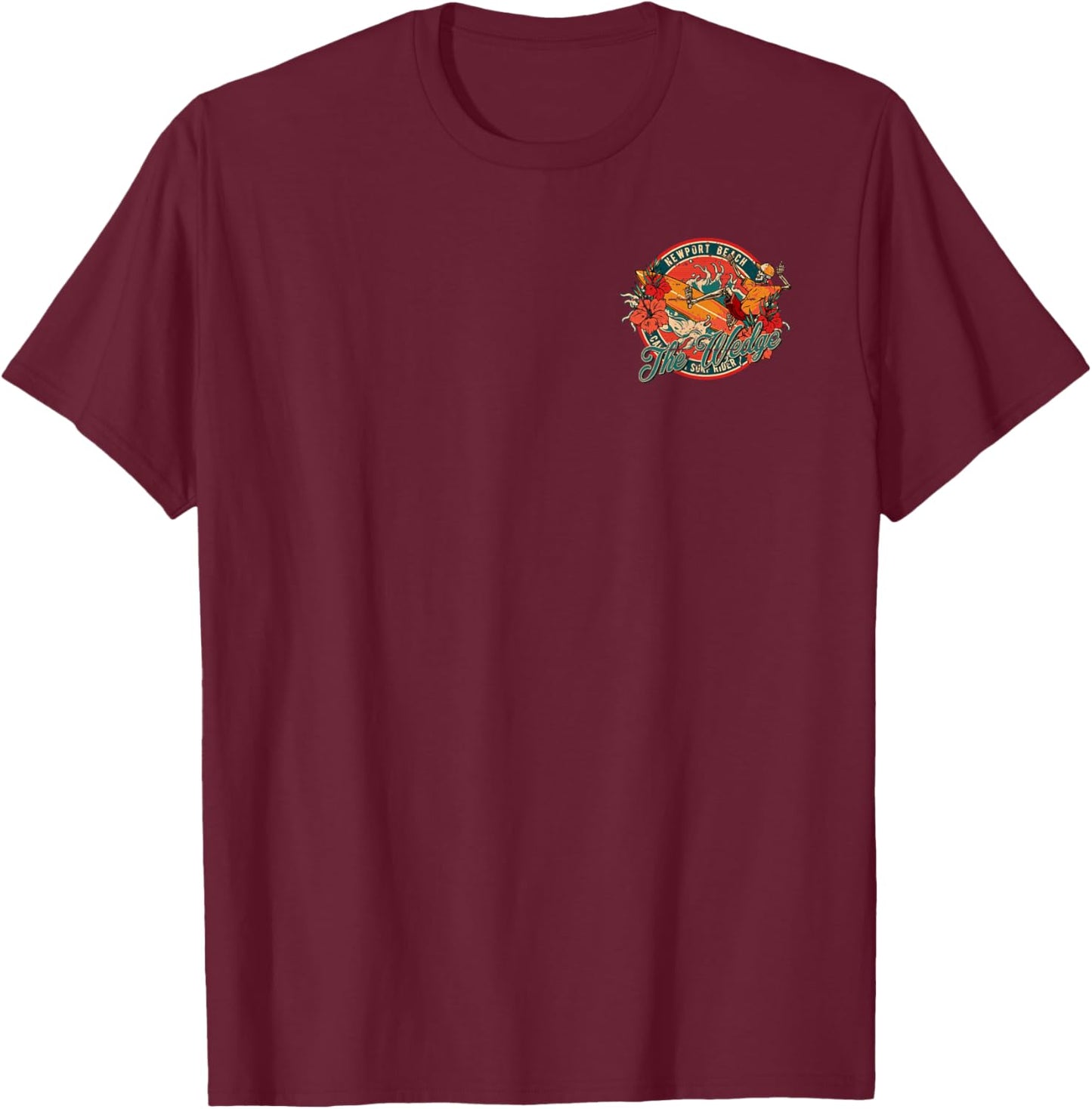 2-Sided Surfing Skeleton The Wedge Newport Beach Badge T-Shirt - T-Shirt | Maroon