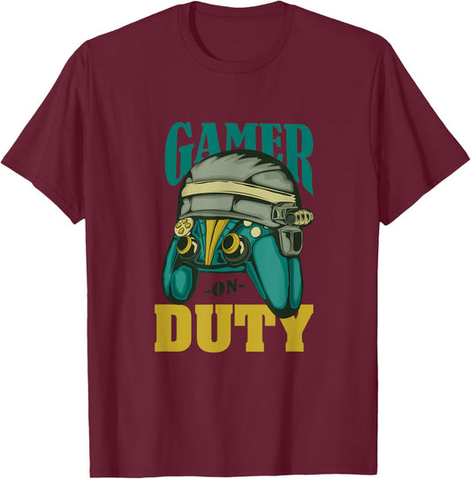 Gamer On Duty Video Games Player Apparel Funny Gaming T-Shirt - T-Shirt | Maroon