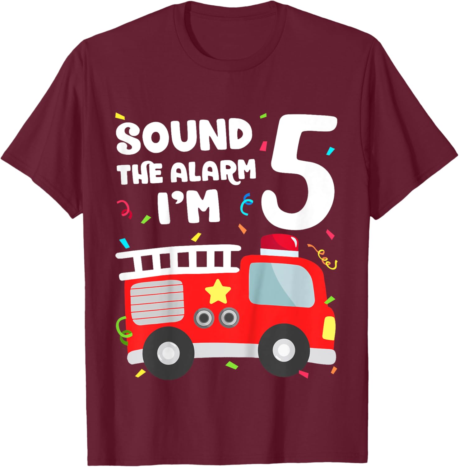 Kids Fire Truck 5th Birthday Toddler Boy Firefighter 5 Year Old T-Shirt - T-Shirt | Maroon